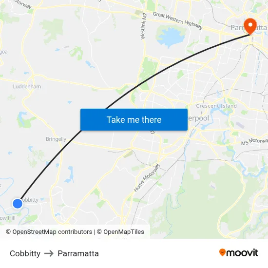 Cobbitty to Parramatta map