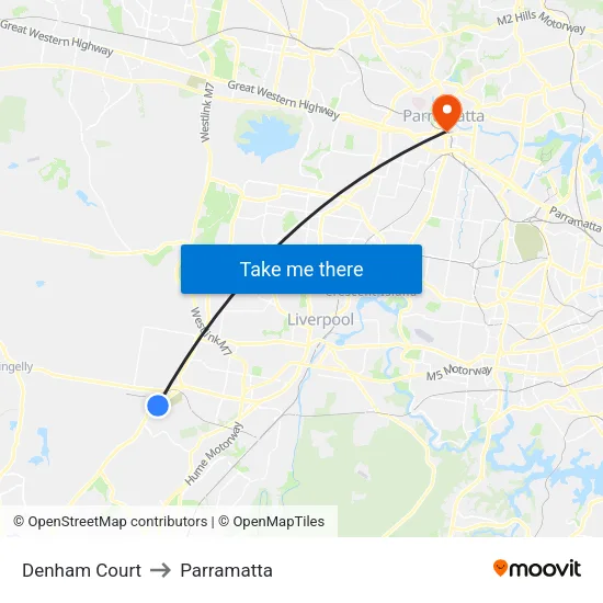 Denham Court to Parramatta map