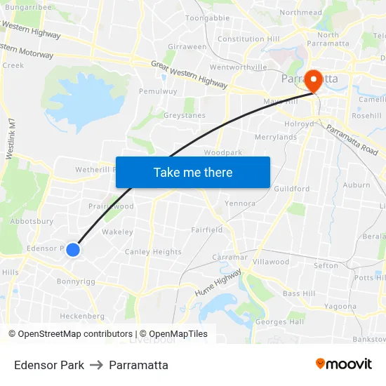 Edensor Park to Parramatta map