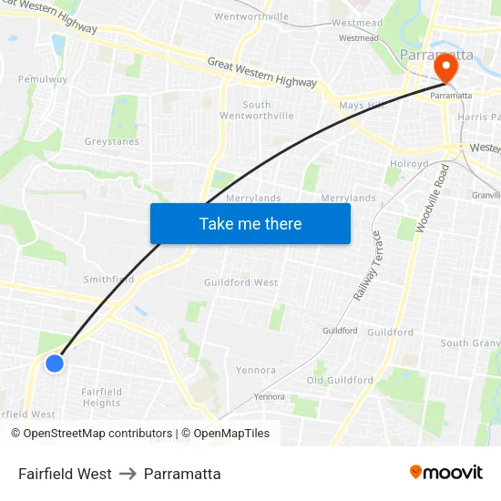 Fairfield West to Parramatta map