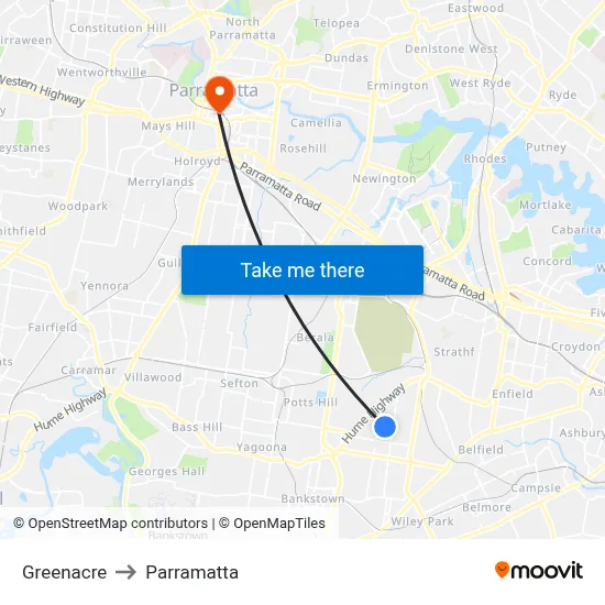 Greenacre to Parramatta map