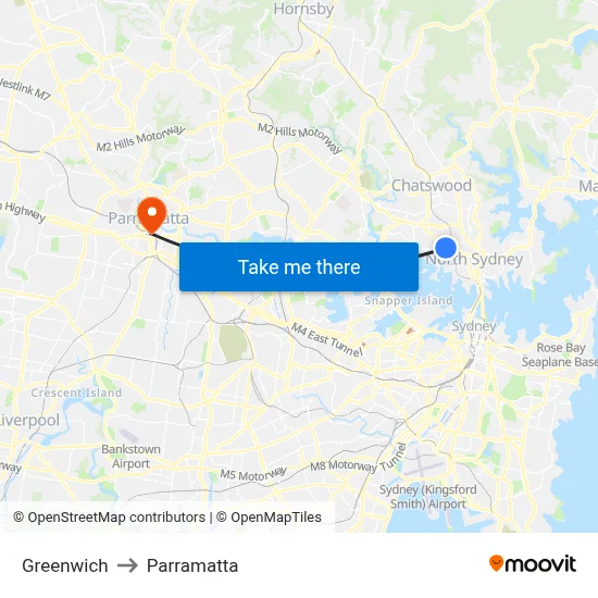 Greenwich to Parramatta map