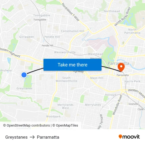 Greystanes to Parramatta map