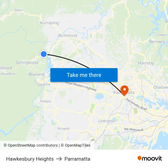 Hawkesbury Heights to Parramatta map