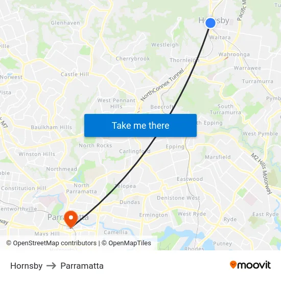 Hornsby to Parramatta map