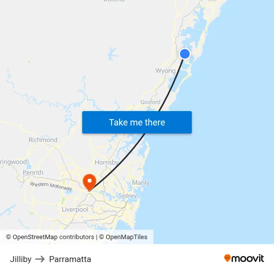 Jilliby to Parramatta map