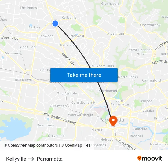 Kellyville to Parramatta map