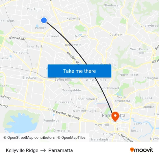 Kellyville Ridge to Parramatta map