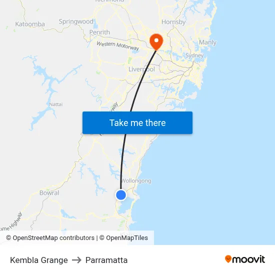 Kembla Grange to Parramatta map