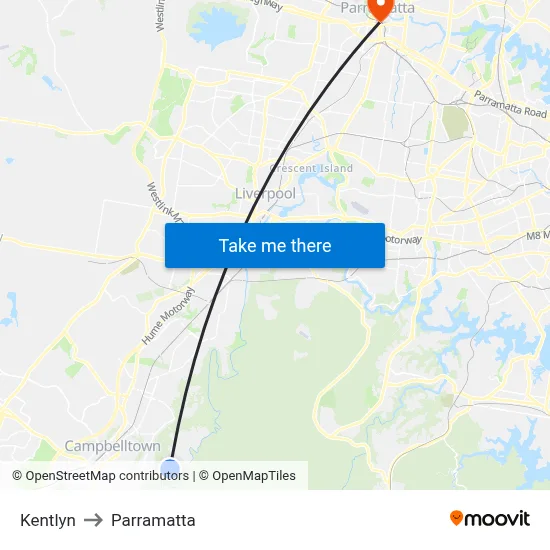 Kentlyn to Parramatta map