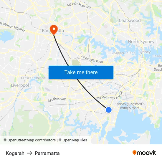 Kogarah to Parramatta map