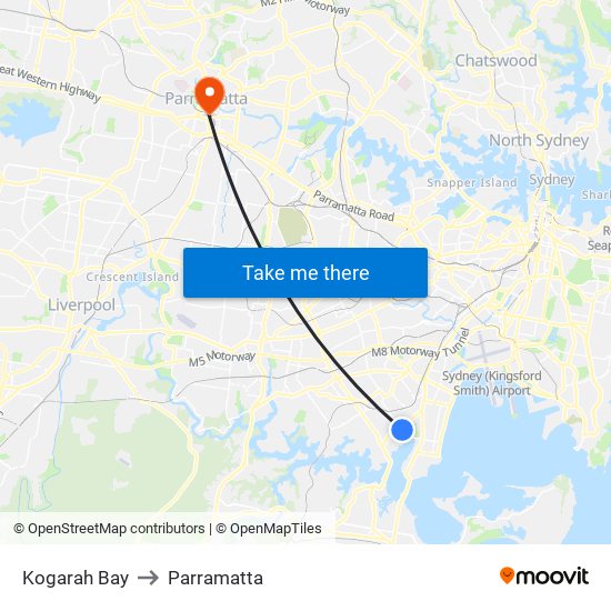 Kogarah Bay to Parramatta map