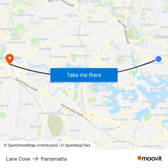 Lane Cove to Parramatta map