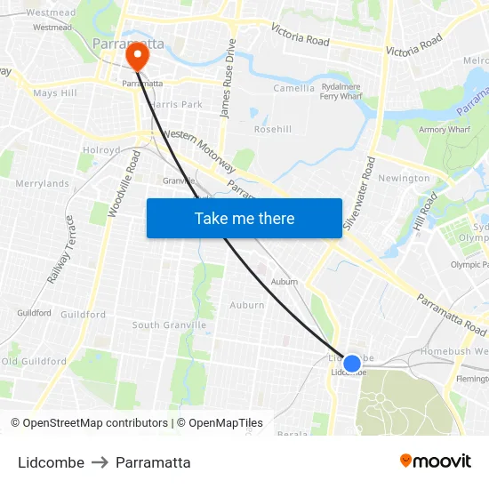 Lidcombe to Parramatta map