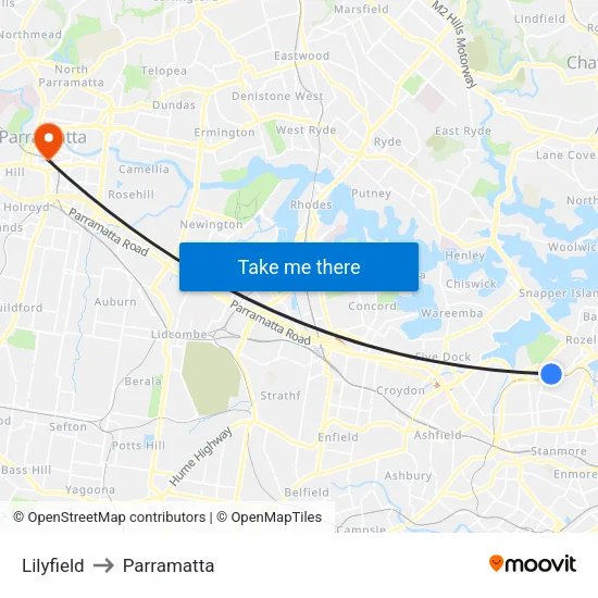 Lilyfield to Parramatta map