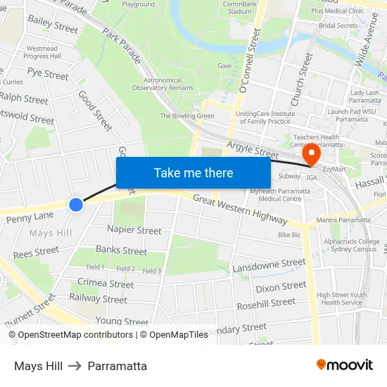 Mays Hill to Parramatta map
