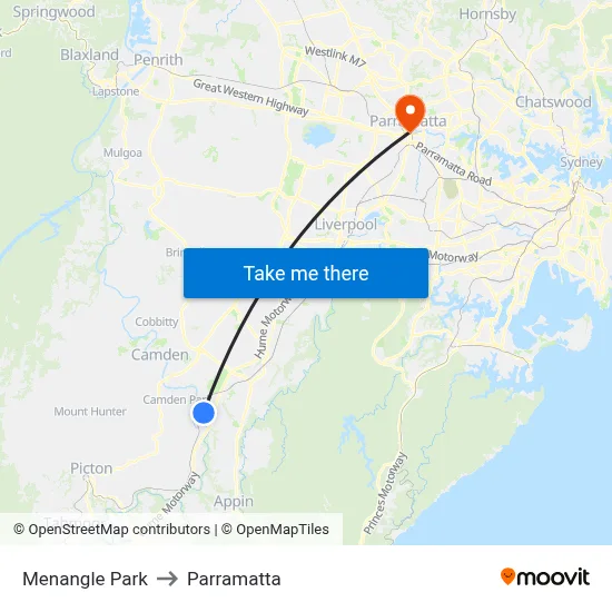 Menangle Park to Parramatta map