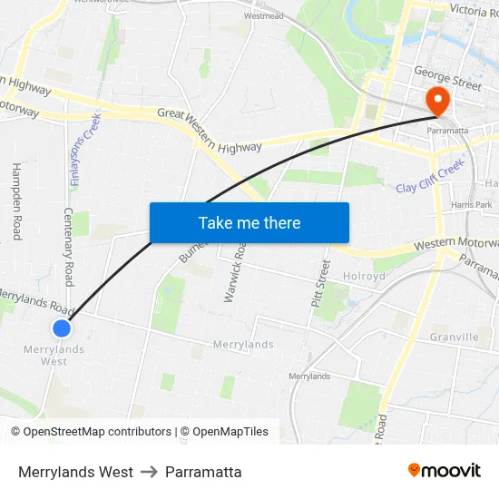 Merrylands West to Parramatta map