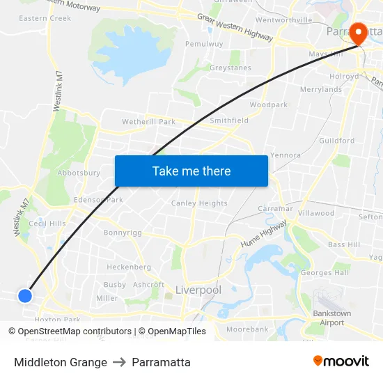 Middleton Grange to Parramatta map