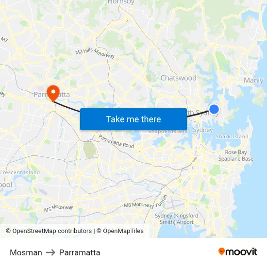 Mosman to Parramatta map