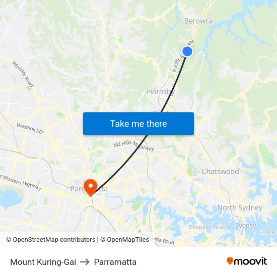 Mount Kuring-Gai to Parramatta map