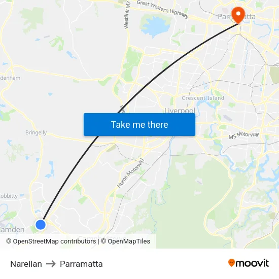 Narellan to Parramatta map