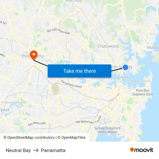 Neutral Bay to Parramatta map