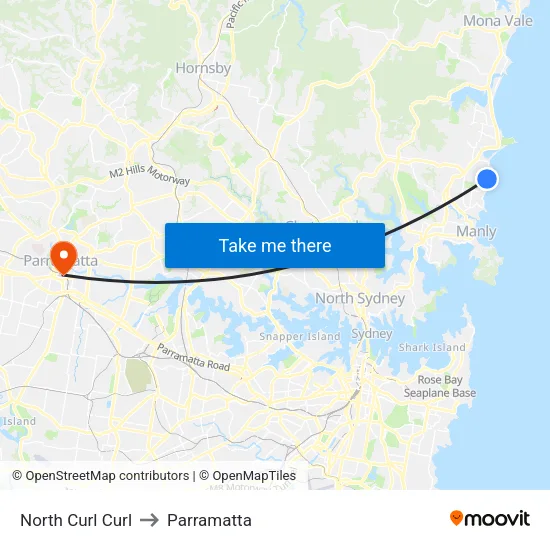 North Curl Curl to Parramatta map