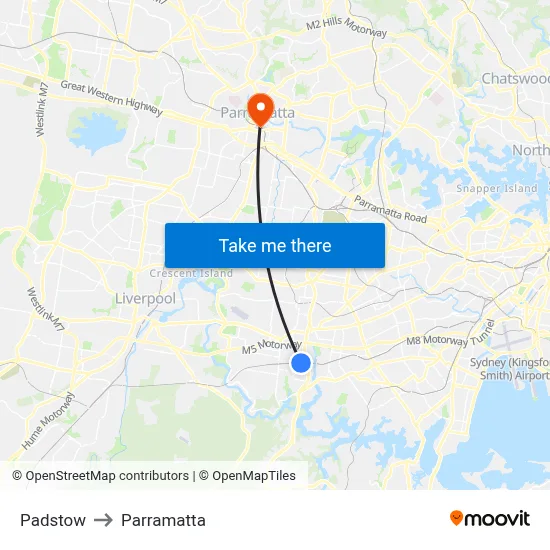Padstow to Parramatta map