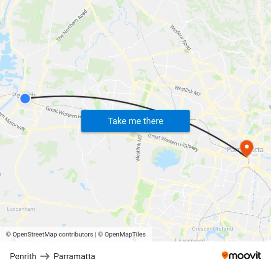 Penrith to Parramatta map