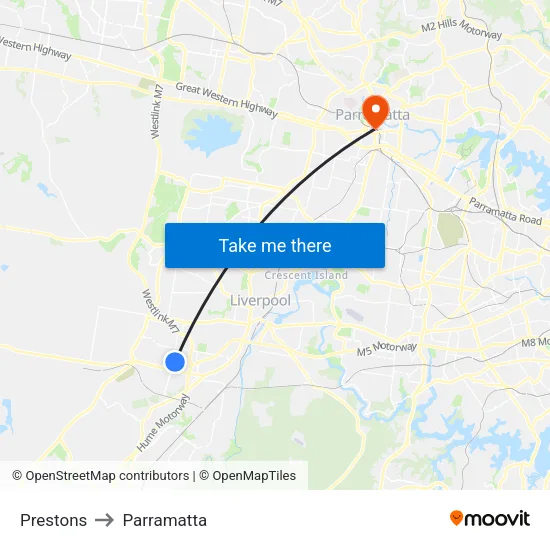 Prestons to Parramatta map