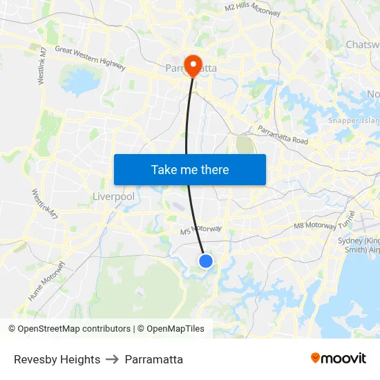 Revesby Heights to Parramatta map