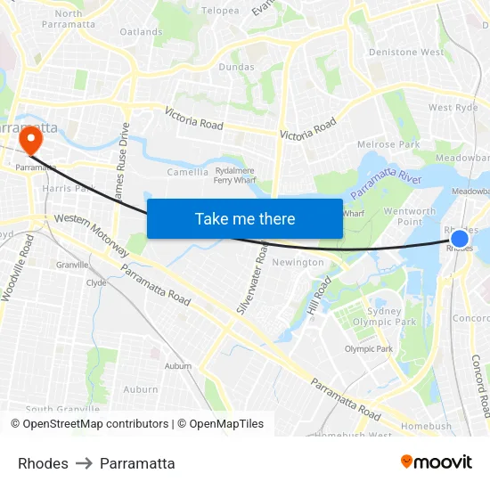 Rhodes to Parramatta map