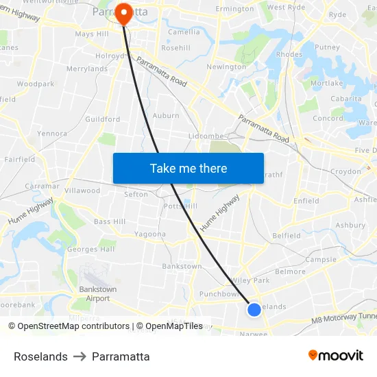 Roselands to Parramatta map