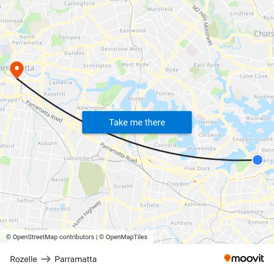 Rozelle to Parramatta map
