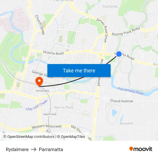 Rydalmere to Parramatta map