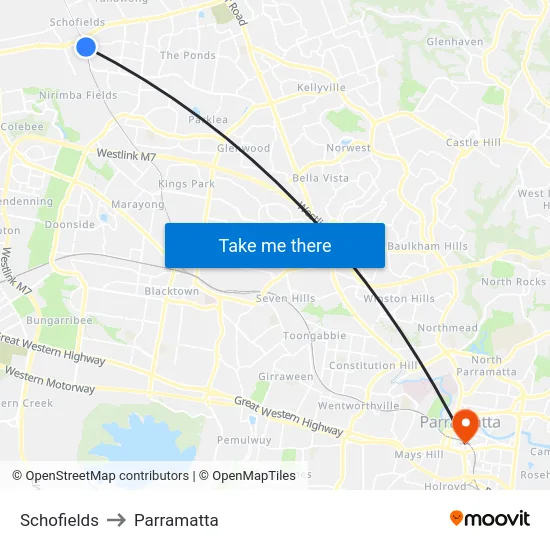 Schofields to Parramatta map