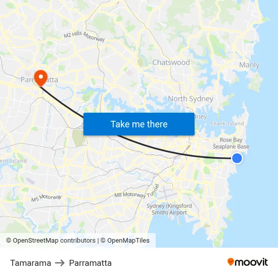 Tamarama to Parramatta map