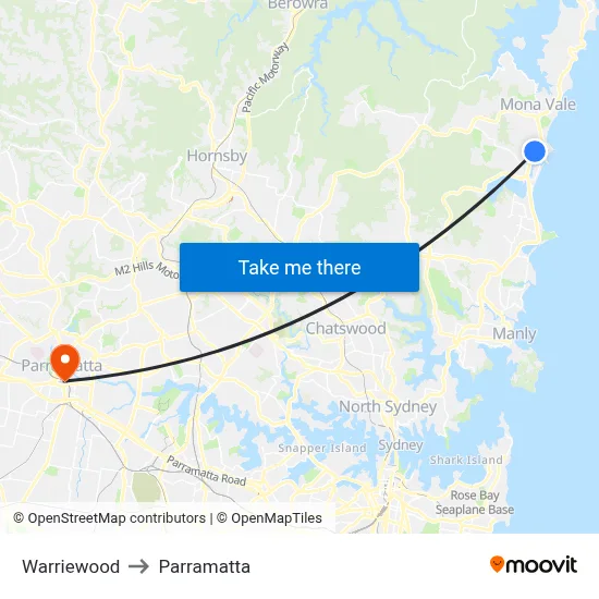 Warriewood to Parramatta map