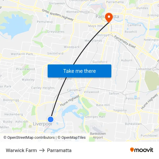 Warwick Farm to Parramatta map