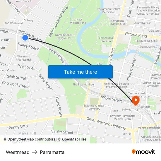 Westmead to Parramatta map
