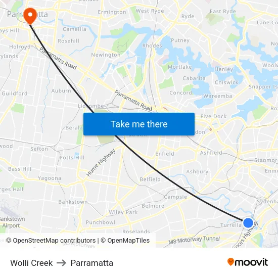 Wolli Creek to Parramatta map