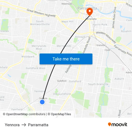 Yennora to Parramatta map