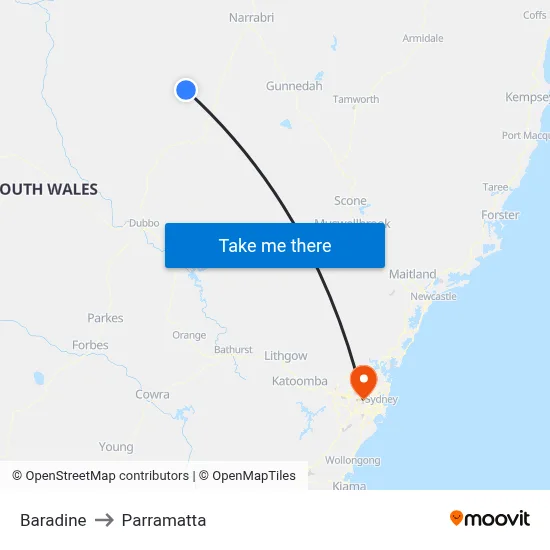 Baradine to Parramatta map