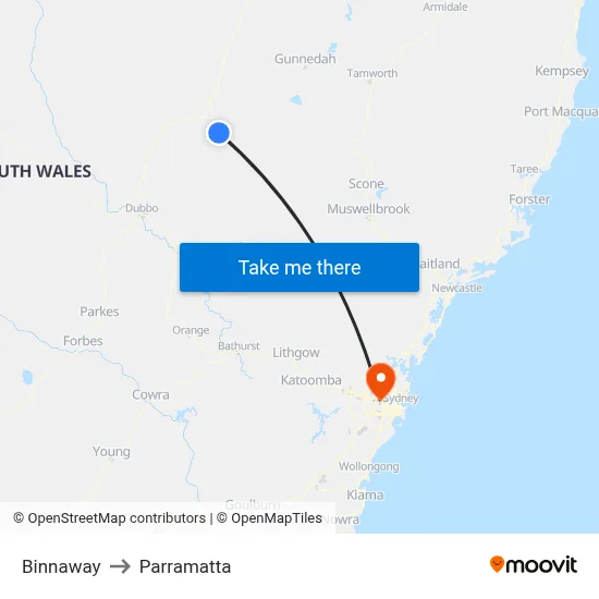 Binnaway to Parramatta map