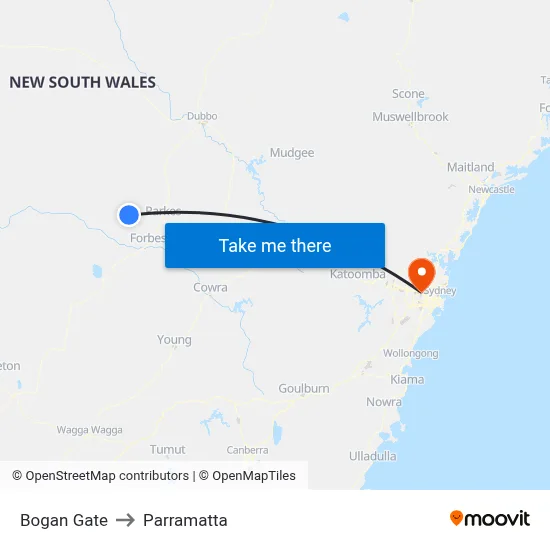 Bogan Gate to Parramatta map