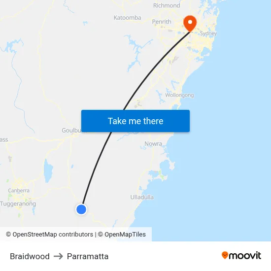 Braidwood to Parramatta map