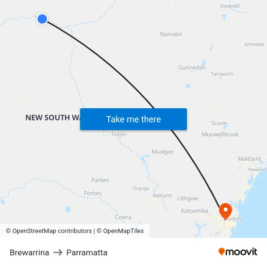 Brewarrina to Parramatta map