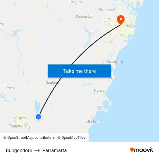 Bungendore to Parramatta map