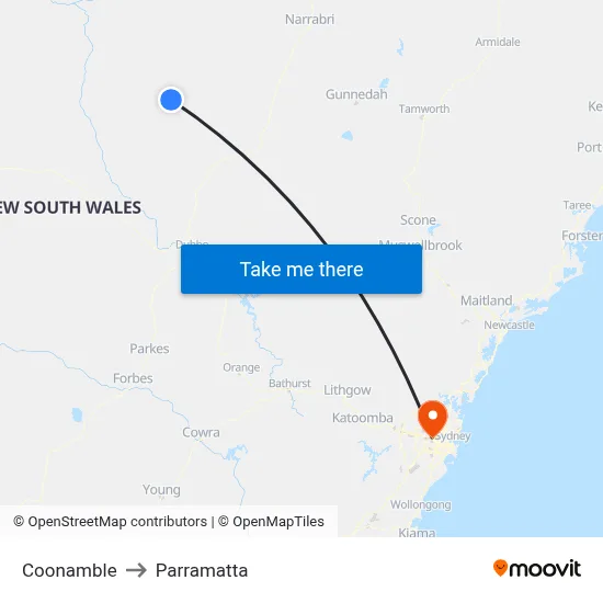 Coonamble to Parramatta map